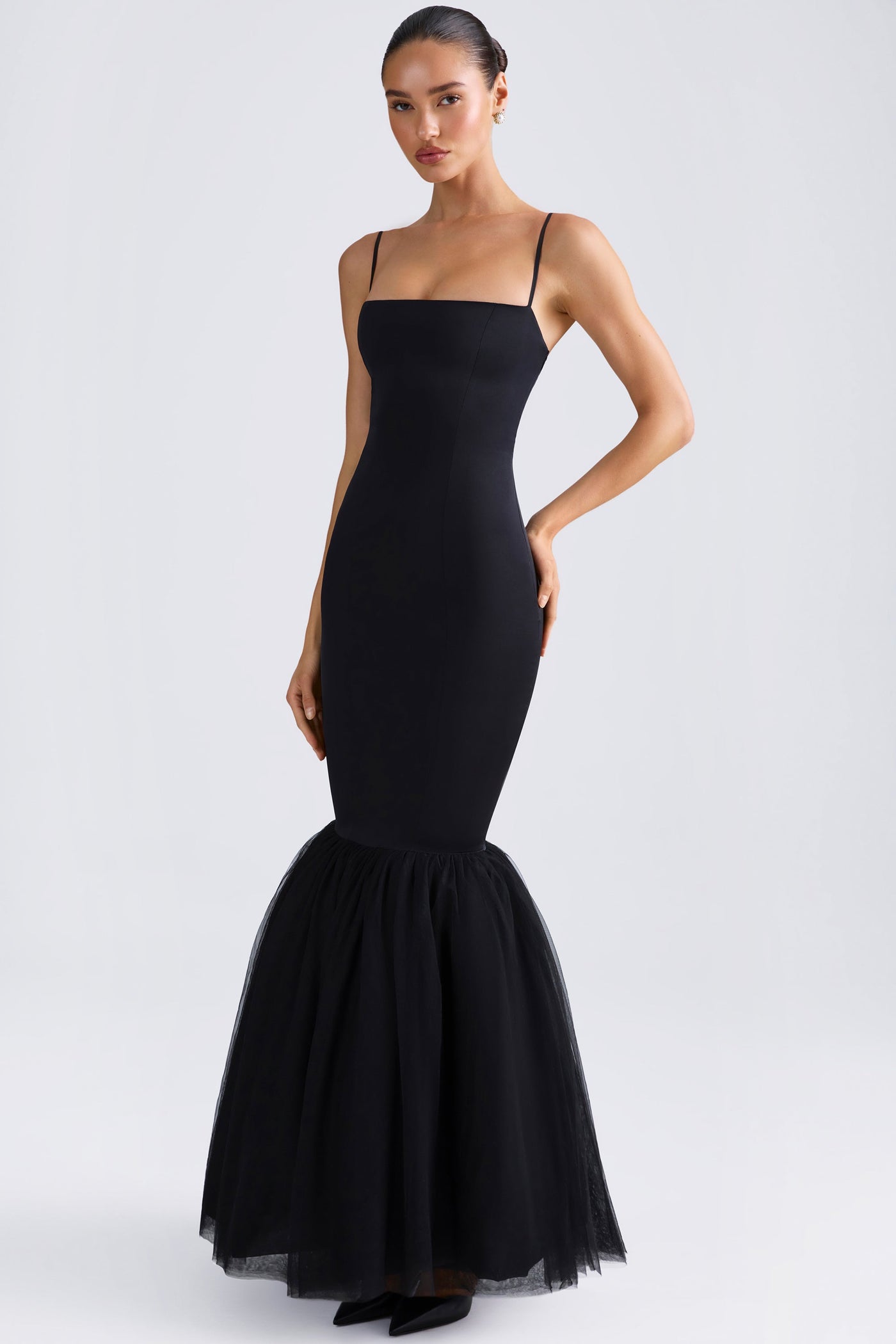 Tulle Hem Fishtail Gown in Black