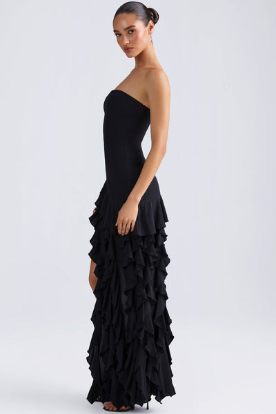 Ruffle-Trim Strapless Gown in Black