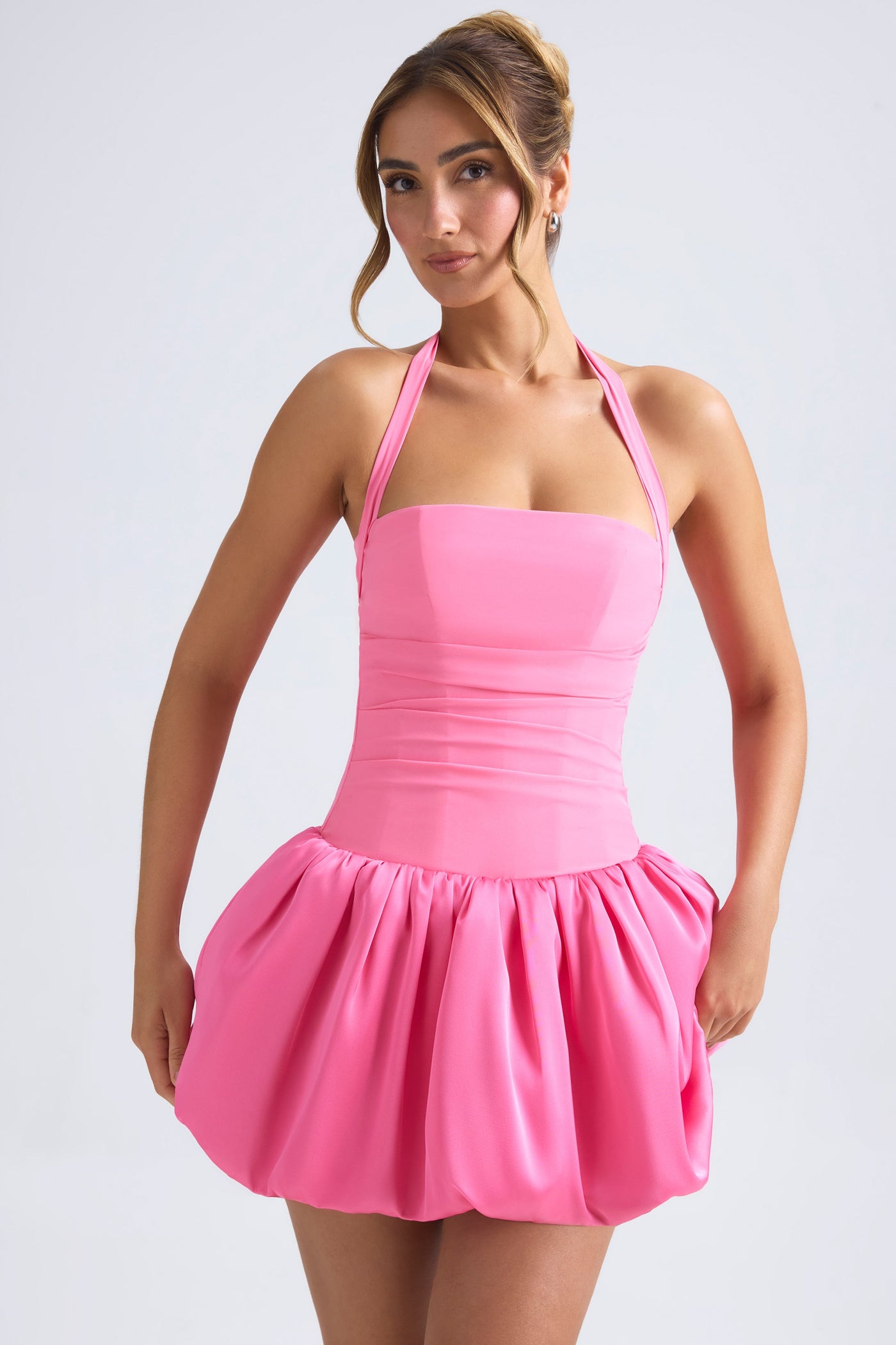 Halterneck Lace-Up Bubble Hem Corset Micro Mini Dress in Hot Pink