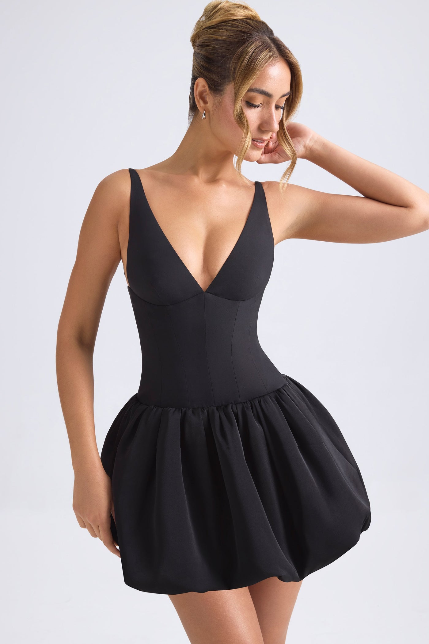 Lace-Up Bubble Hem Corset Micro Mini Dress in Black