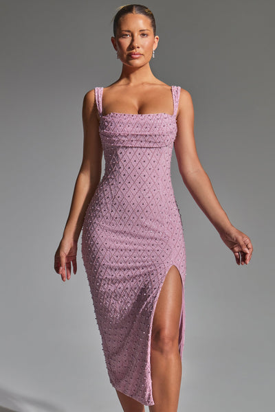 Embellished Cowl-Neck Midaxi Dress in Mauve