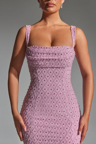 Embellished Cowl-Neck Midaxi Dress in Mauve