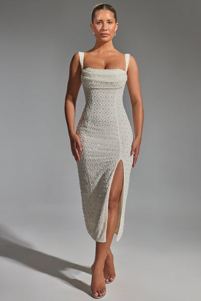 Embellished Cowl-Neck Midaxi Dress in White