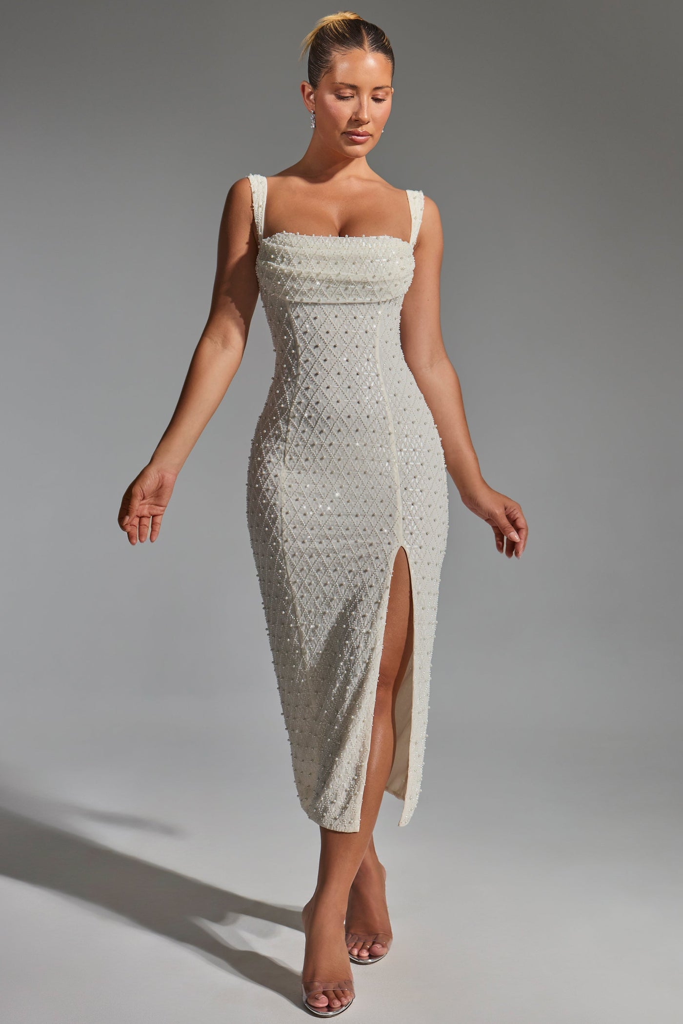 Embellished Cowl-Neck Midaxi Dress in White