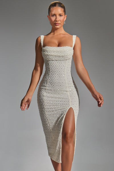 Embellished Cowl-Neck Midaxi Dress in White