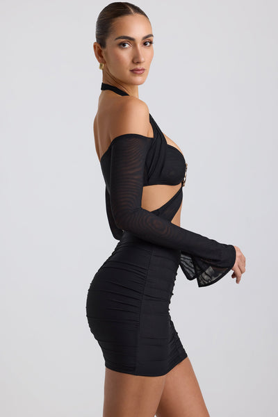 Off-Shoulder Ruched Cut-Out Mini Dress in Black