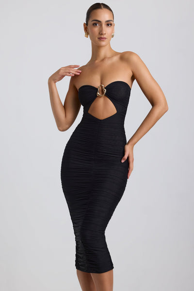 Ruched Hardware Detail Strapless Midaxi Dress in Black