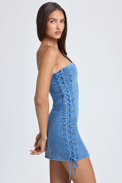 Bandeau Lace-Up Mini Dress in Mid Blue Stonewash