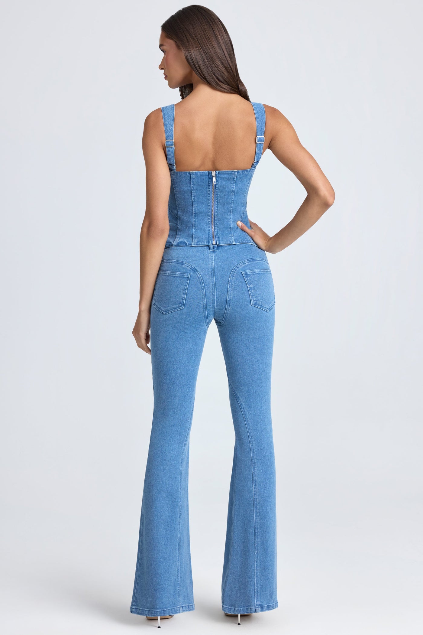 Lace-Up Corset Top in Mid Blue Stonewash