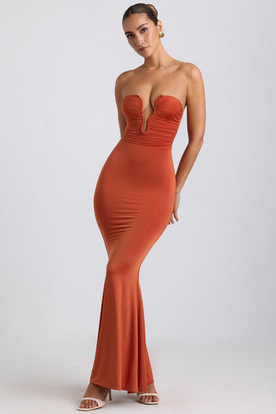 Slinky Jersey Hardware Detail Strapless Maxi Dress in Burnt Orange