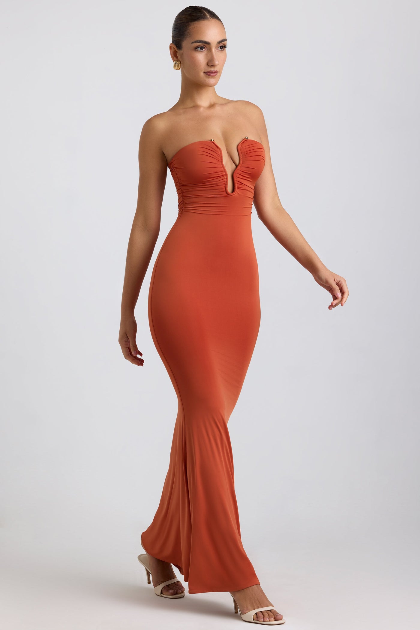 Slinky Jersey Hardware Detail Strapless Maxi Dress in Burnt Orange