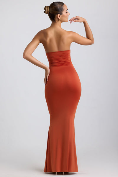 Slinky Jersey Hardware Detail Strapless Maxi Dress in Burnt Orange