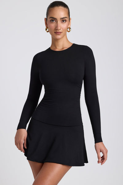 Modal Ruched Crew-Neck Mini Dress in Black