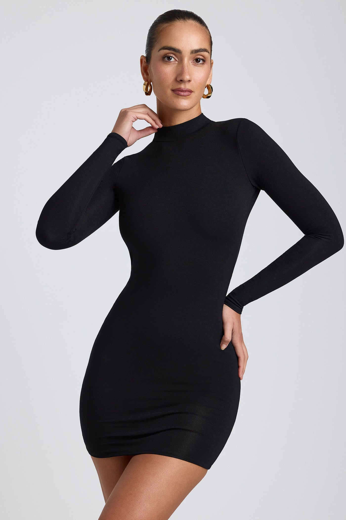 Modal Open-Back Long-Sleeve Mini Dress in Black