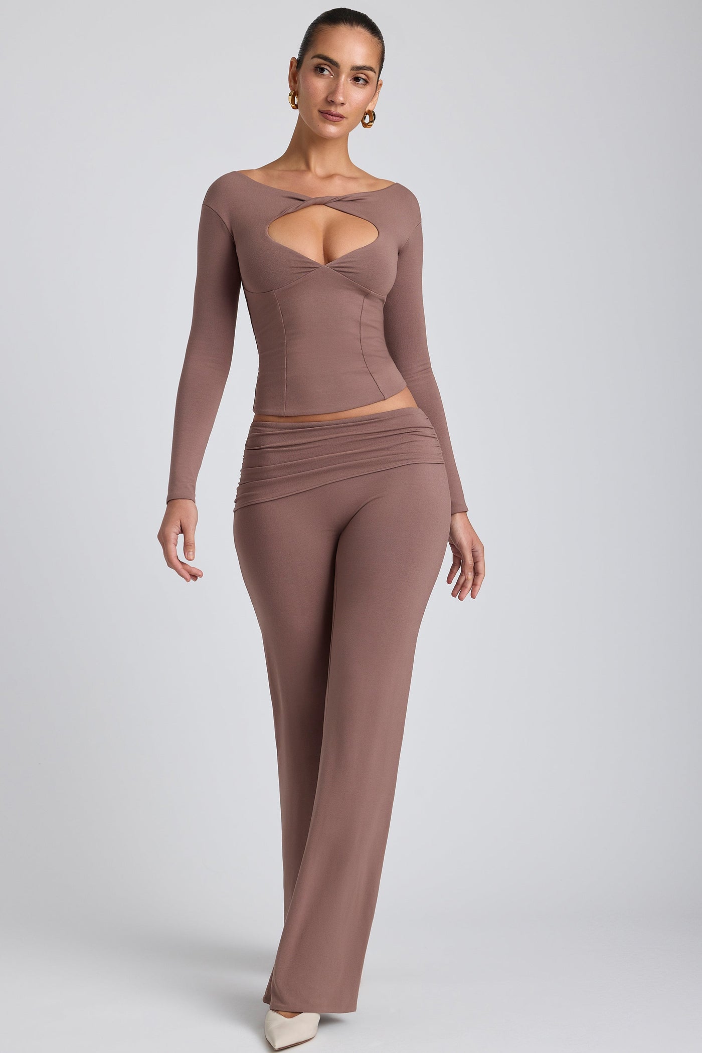 Modal Mid-Rise Straight-Leg Trousers in Taupe