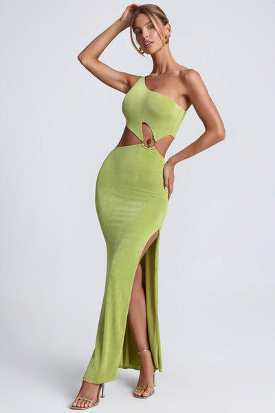 Hardware Detail One-Shoulder Maxi Dress in Olive Green