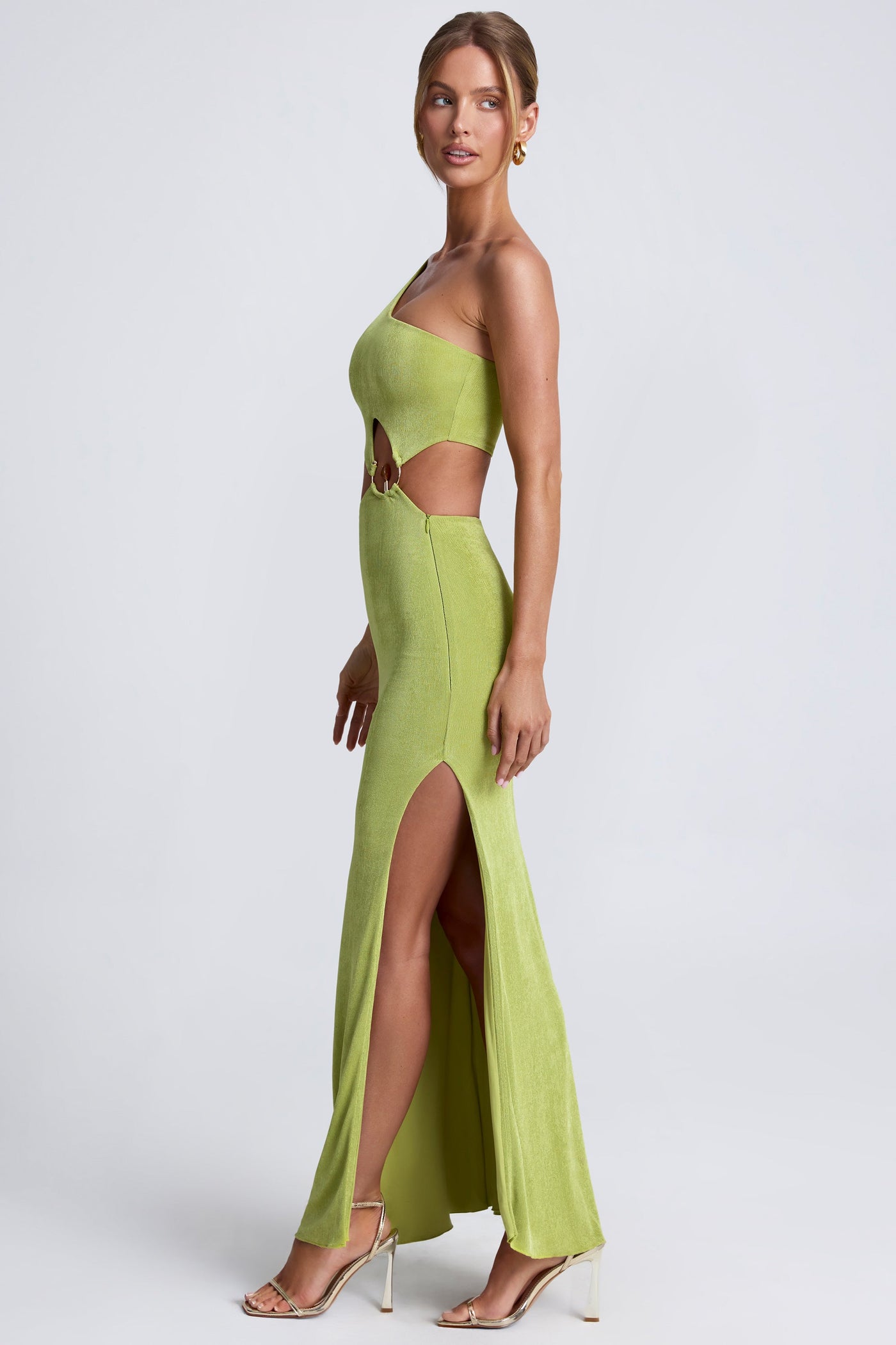 Hardware Detail One-Shoulder Maxi Dress in Olive Green