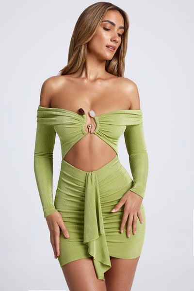 Hardware Detail Off-Shoulder Cut-Out Mini Dress in Olive Green