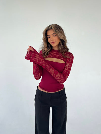 Lara lace long sleeve top - mørk rød