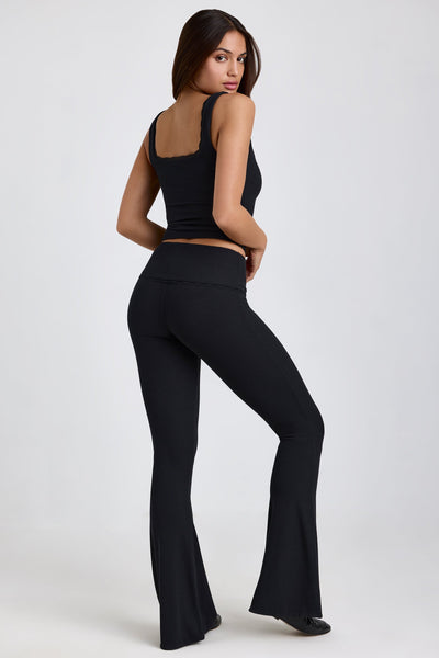 Ribbed Modal Mid-Rise Foldover Flared Trousers in Black