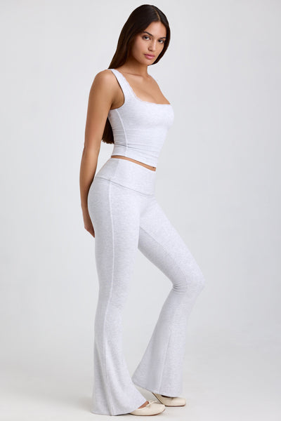 Ribbed Modal Mid-Rise Foldover Flared Trousers in Grey