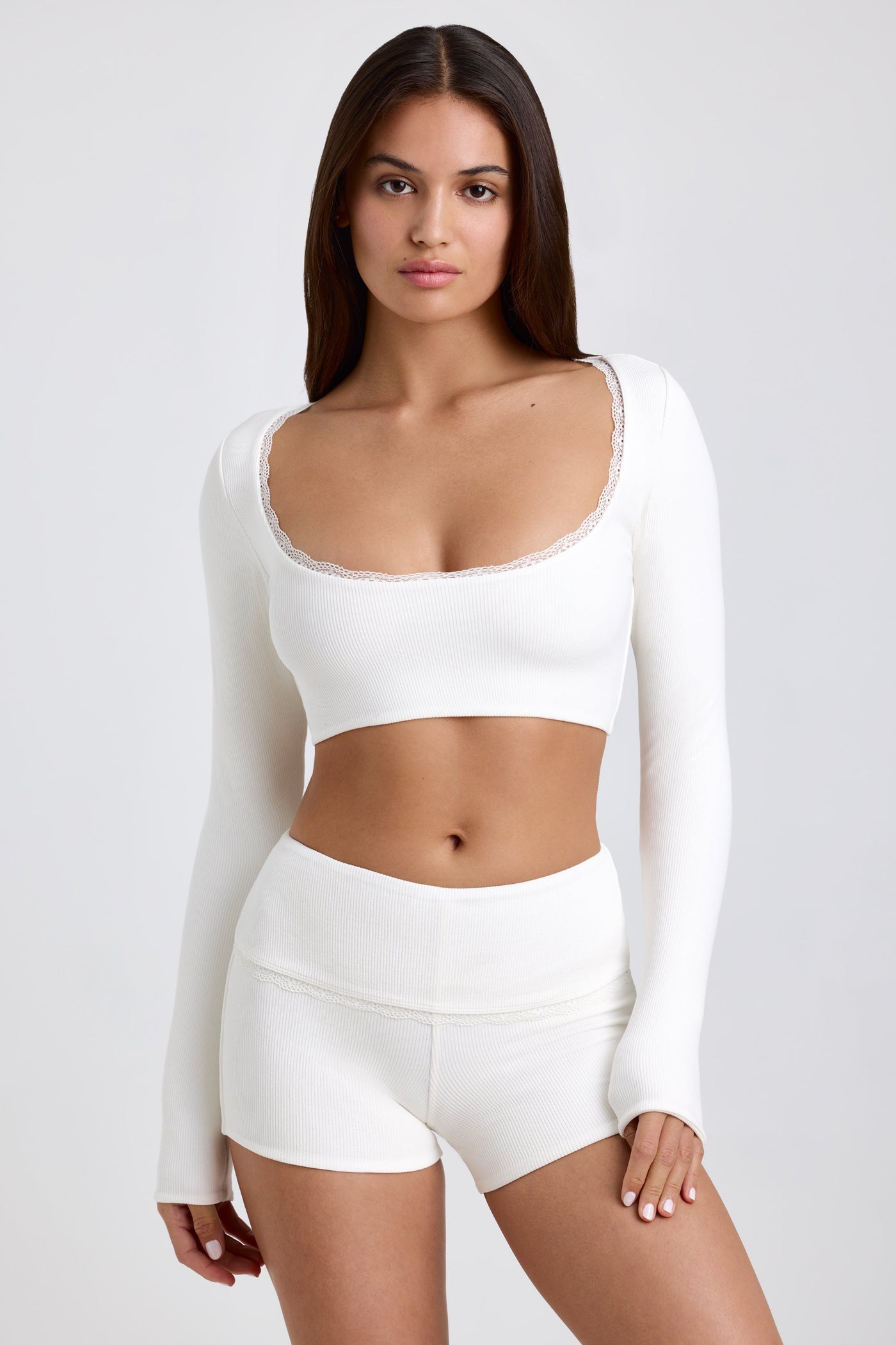 Ribbed Modal Lace-Trim Crop Top in White