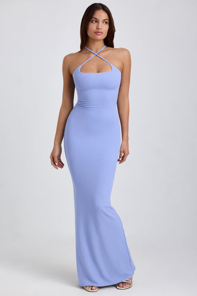 Ribbed Modal Halterneck Maxi Dress in Bluebell