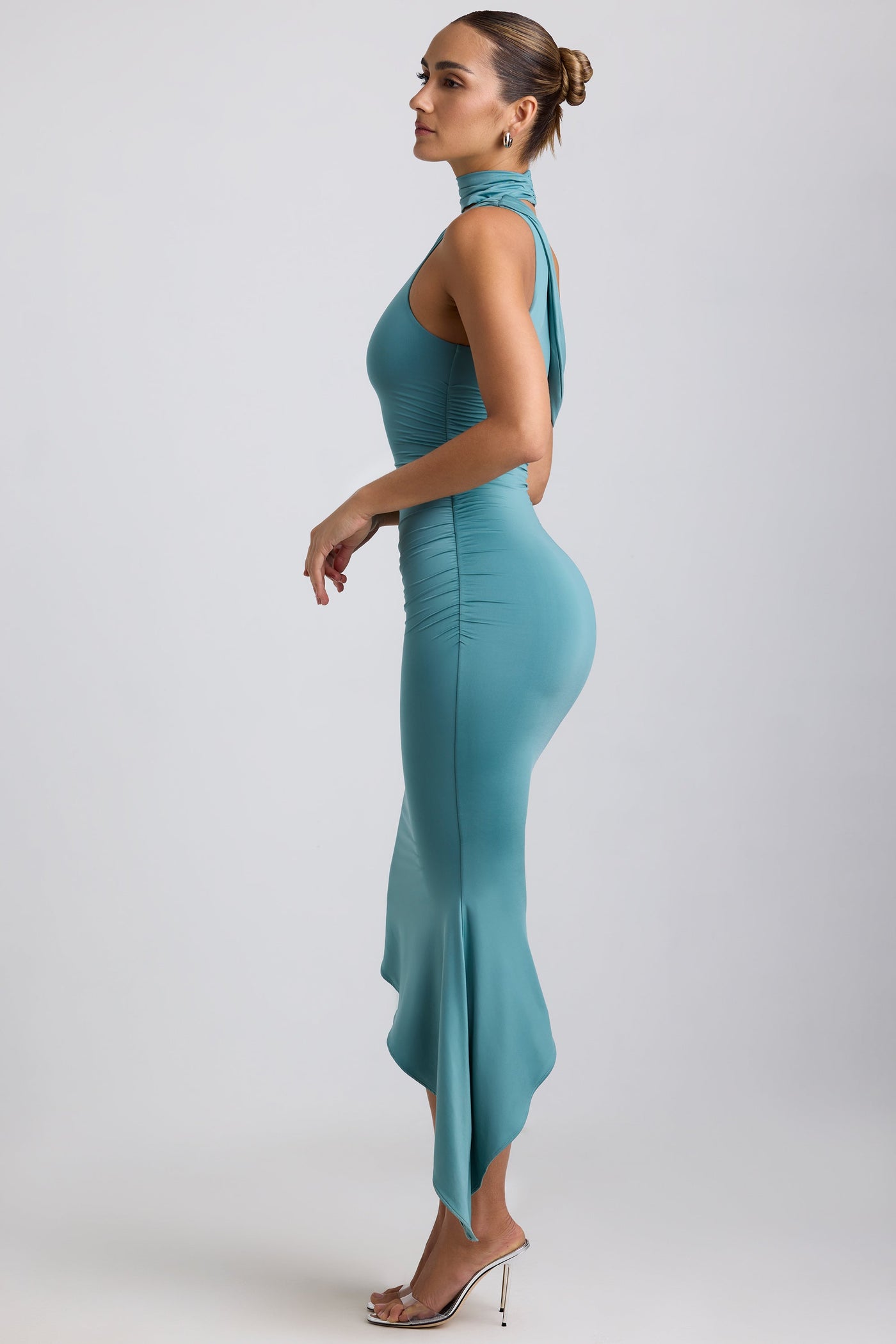 Slinky Jersey Asymmetric Cowl-Neck Midaxi Dress in Sea Green