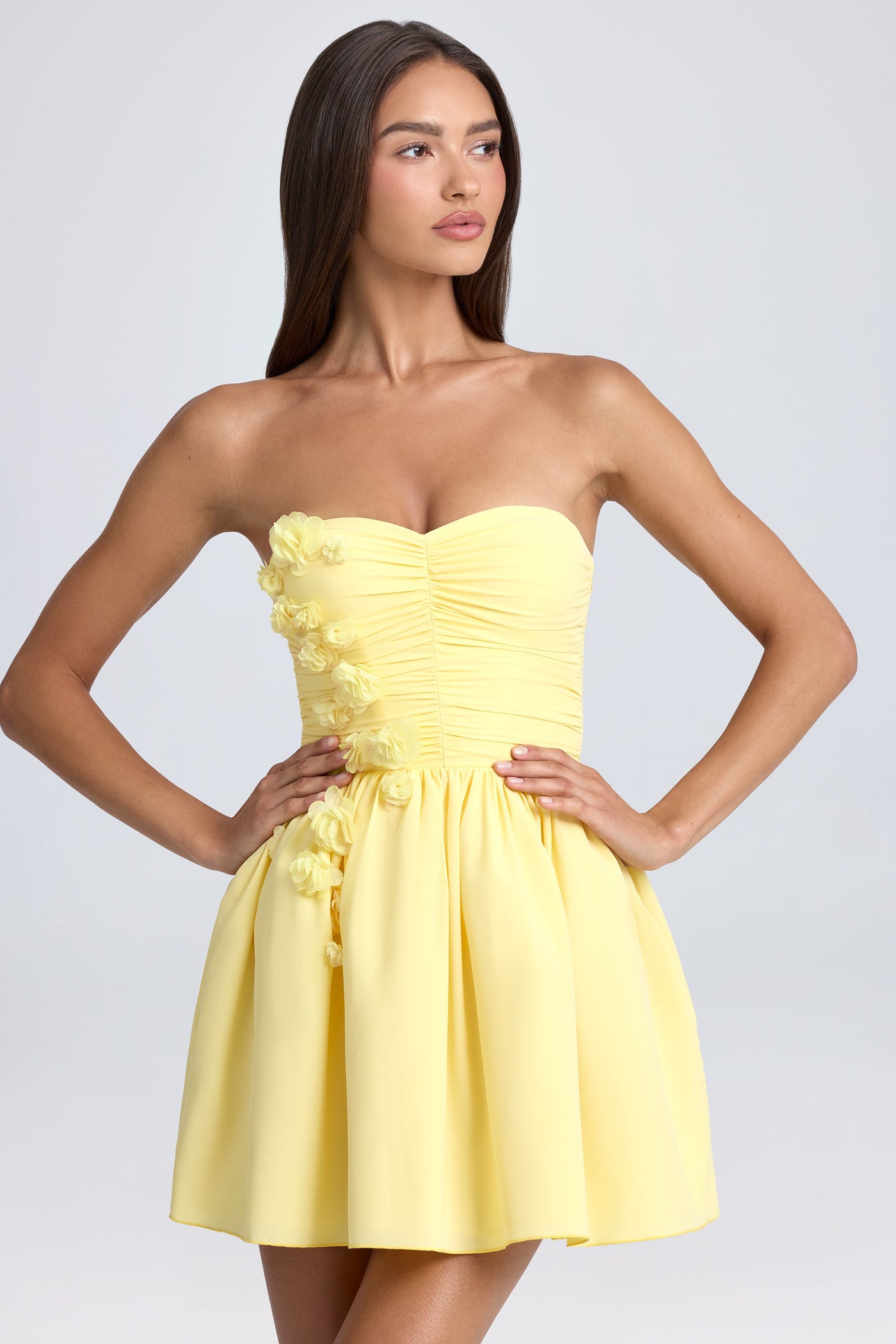 Bandeau Floral-Appliqué Corset Mini Dress in Lemon Sherbet