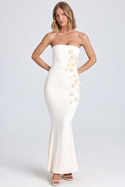 Draped Floral-Appliqué Maxi Dress in Ivory