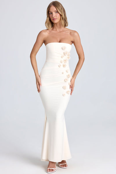 Draped Floral-Appliqué Maxi Dress in Ivory