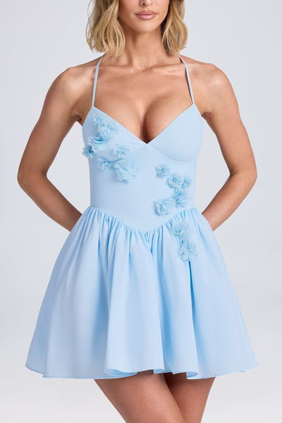 Halterneck Floral-Appliqué Corset Mini Dress in Powder Blue