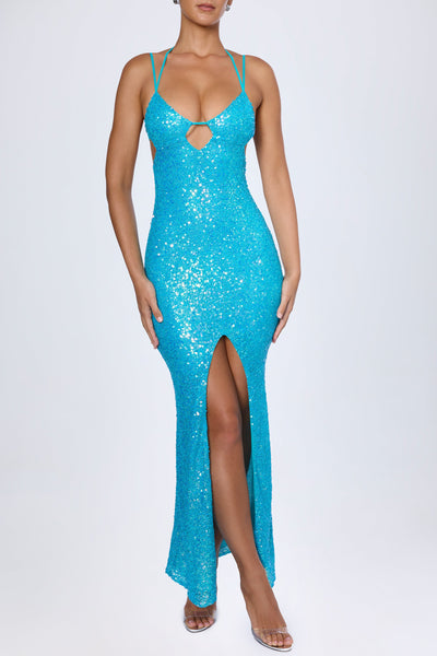 Embellished Cut-Out Halterneck Maxi Dress in Turquoise