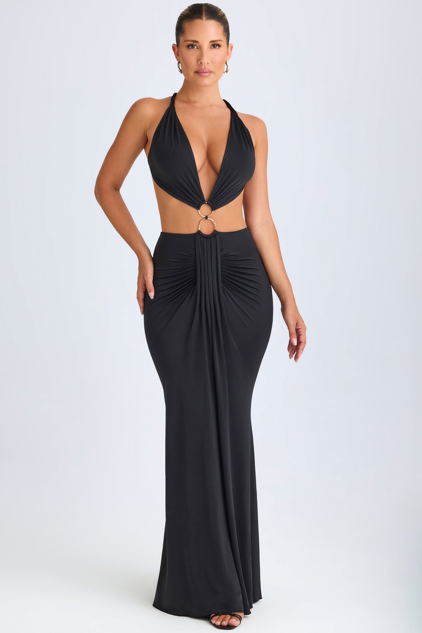 Hardware Detail Cut-Out Halterneck Maxi Dress in Black