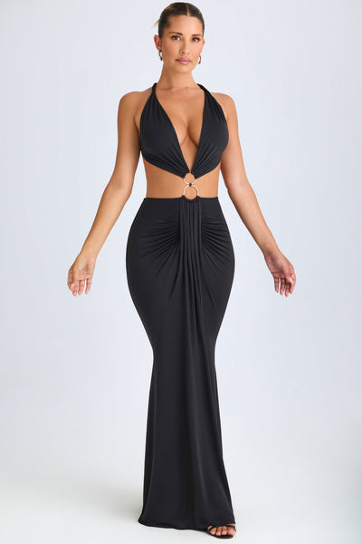 Hardware Detail Cut-Out Halterneck Maxi Dress in Black