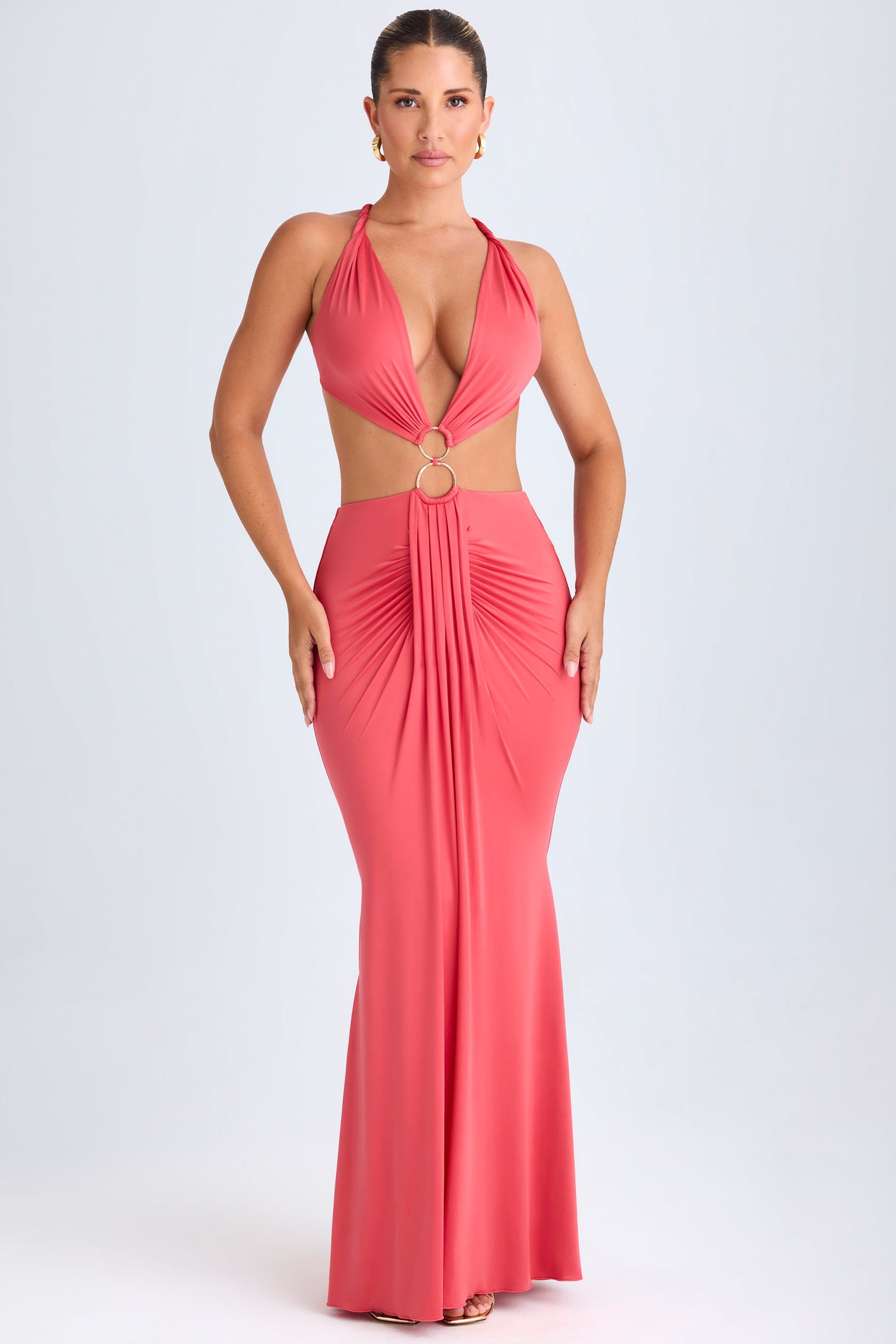 Hardware Detail Cut-Out Halterneck Maxi Dress in Coral