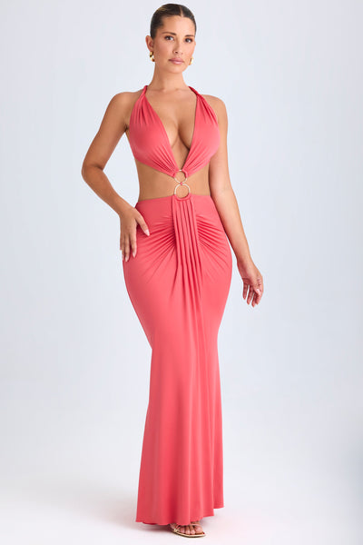 Hardware Detail Cut-Out Halterneck Maxi Dress in Coral