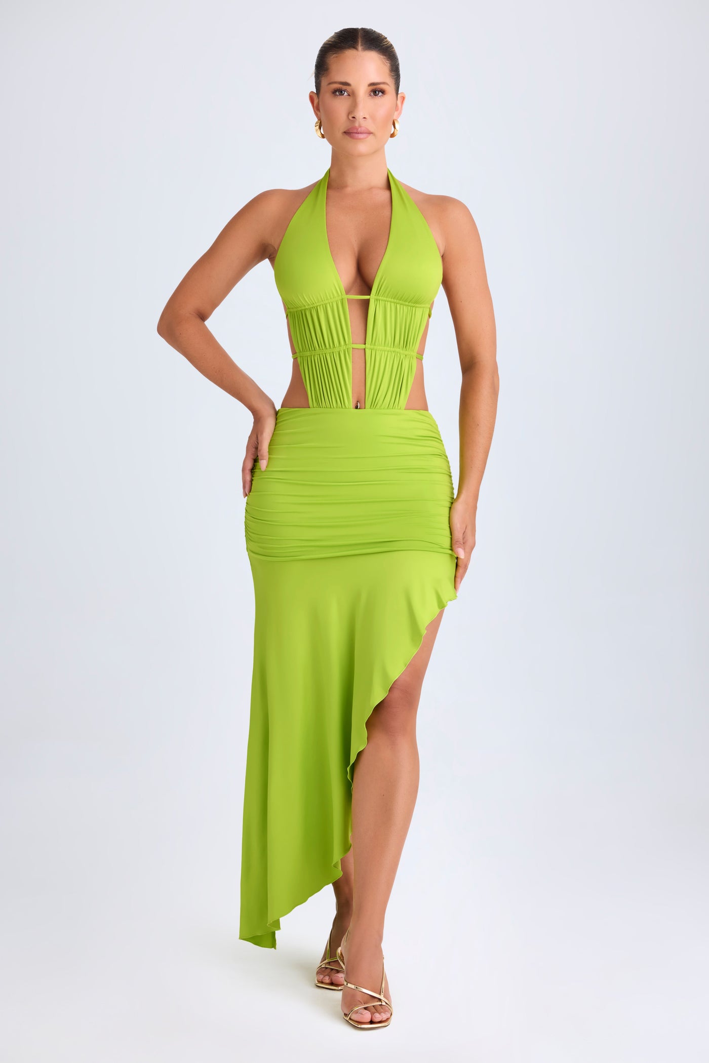 Asymmetric Cut-Out Halterneck Midaxi Dress in Lime Green