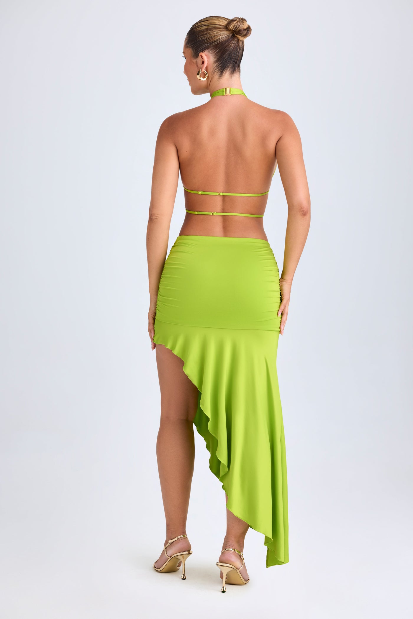 Asymmetric Cut-Out Halterneck Midaxi Dress in Lime Green