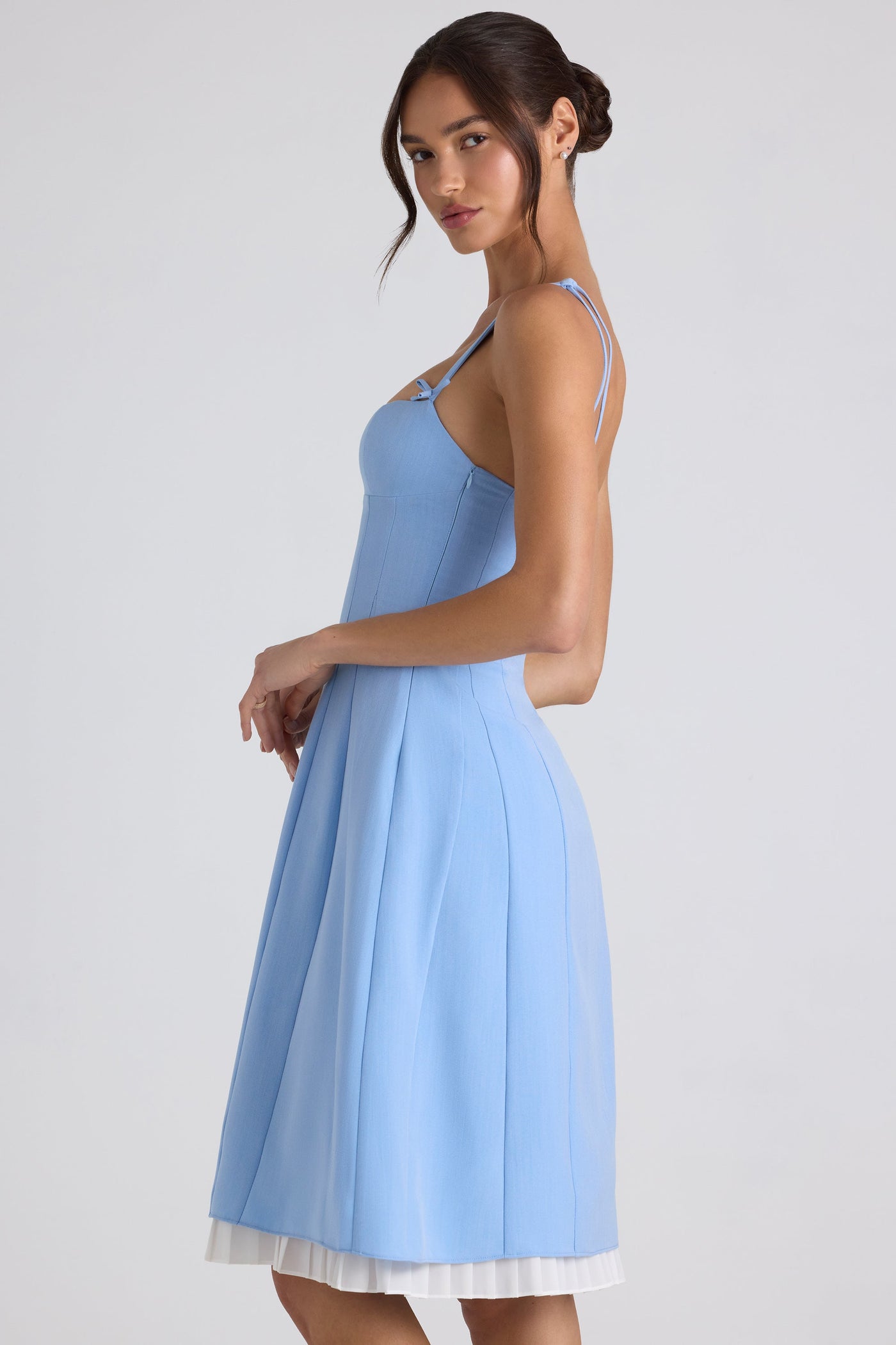 Bow-Detail Pleated A-Line Midi Dress in Sky Blue