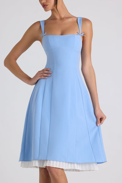 Bow-Detail Pleated A-Line Midi Dress in Sky Blue