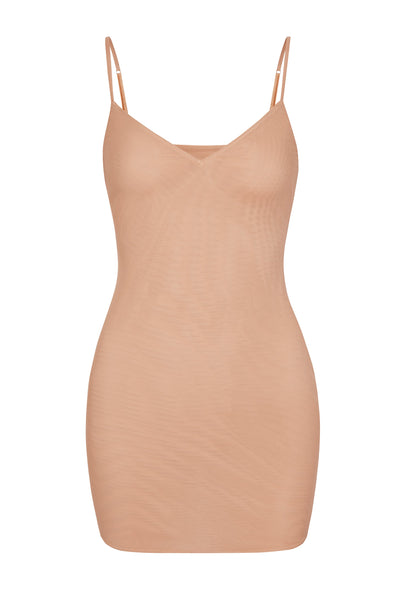 Soft Mesh V-Neck Mini Slip Dress in Warm Peach