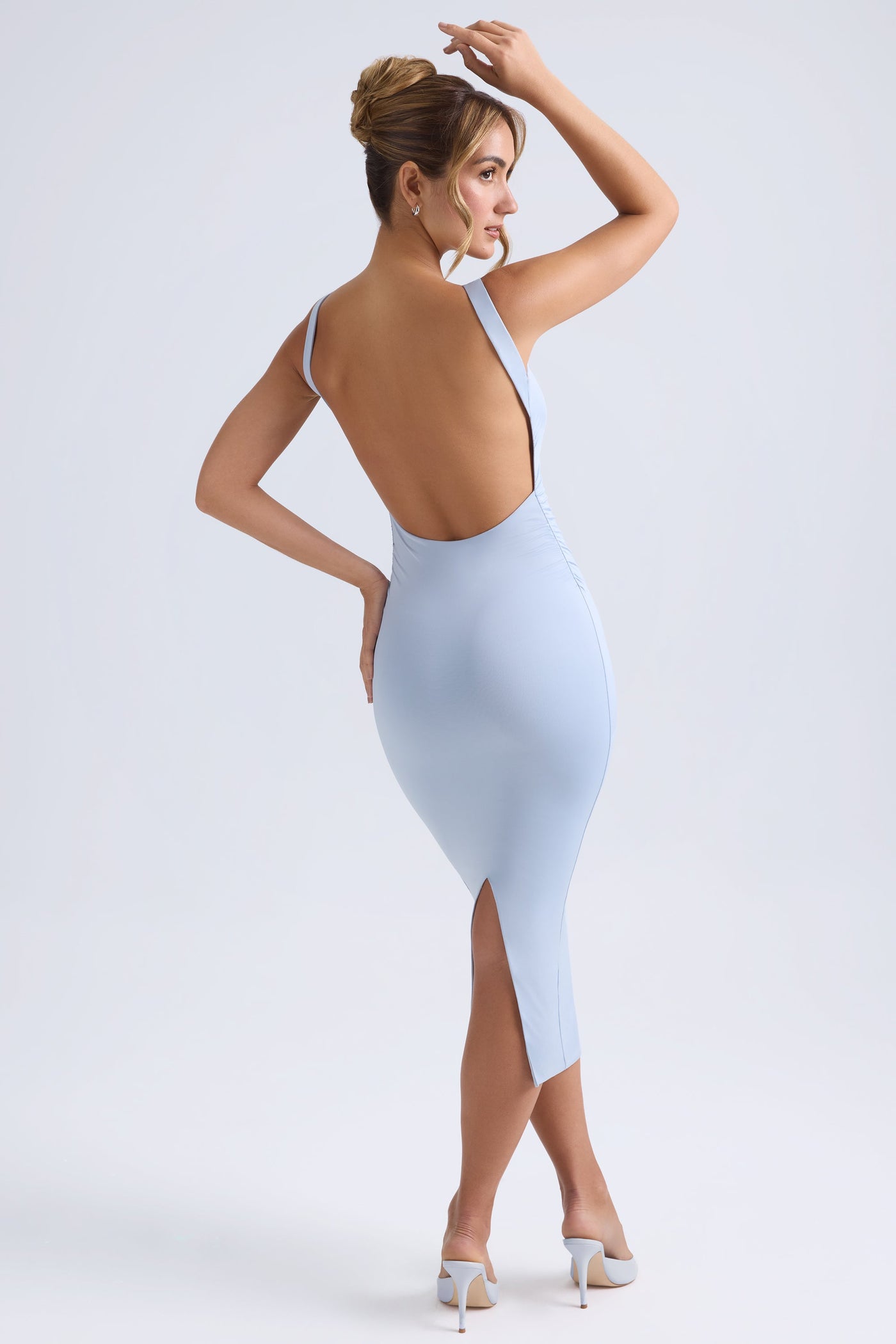 Ruched Open-Back Midaxi Dress in Light Blue