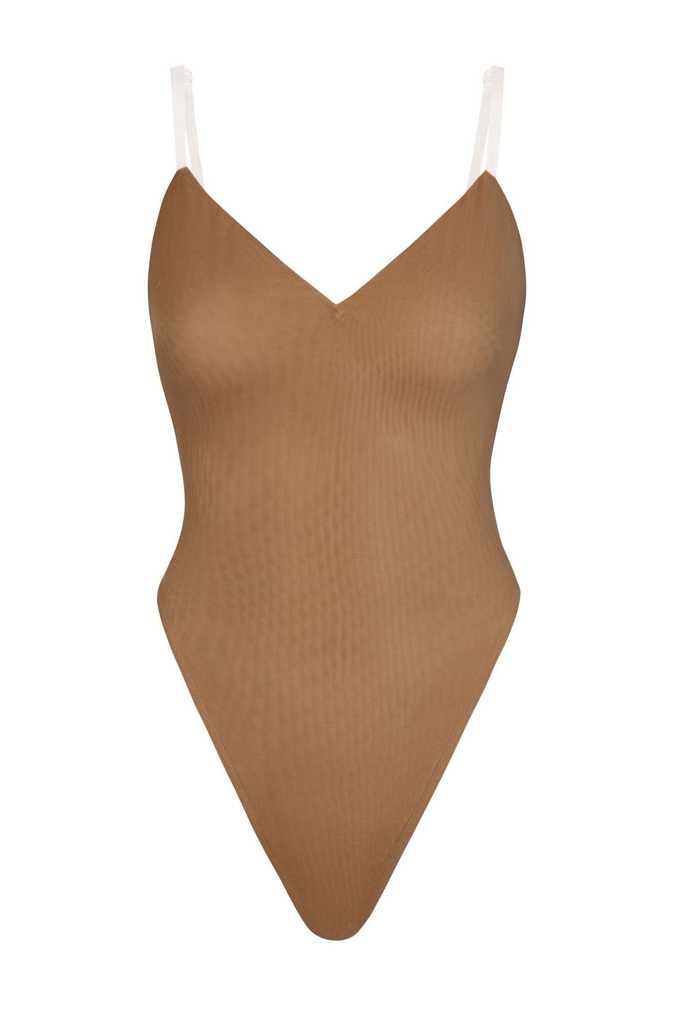 Soft Mesh V-Neck Bodysuit in Almond