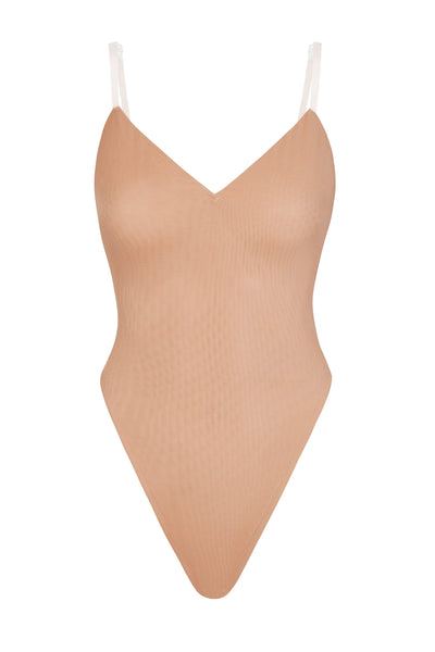 Soft Mesh V-Neck Bodysuit in Warm Peach