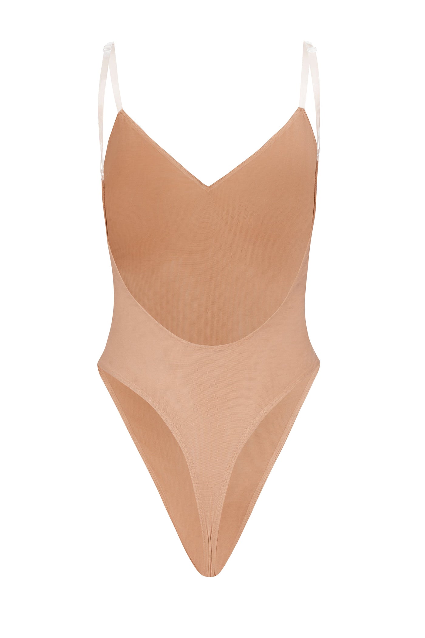 Soft Mesh V-Neck Bodysuit in Warm Peach