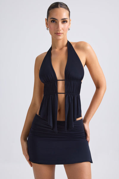 Cut-Out Ruched Halterneck Crop Top in Black