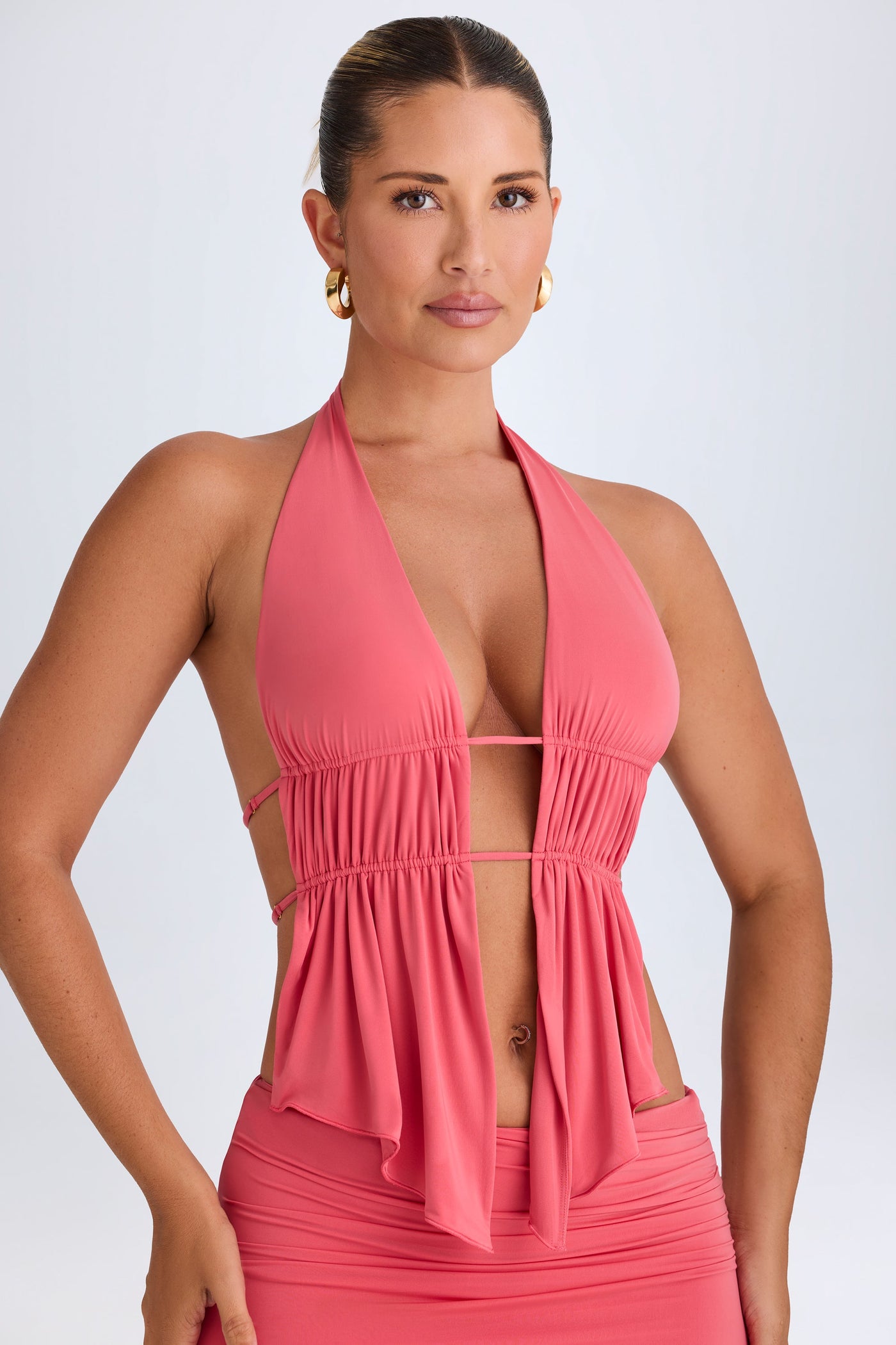 Cut-Out Ruched Halterneck Crop Top in Coral