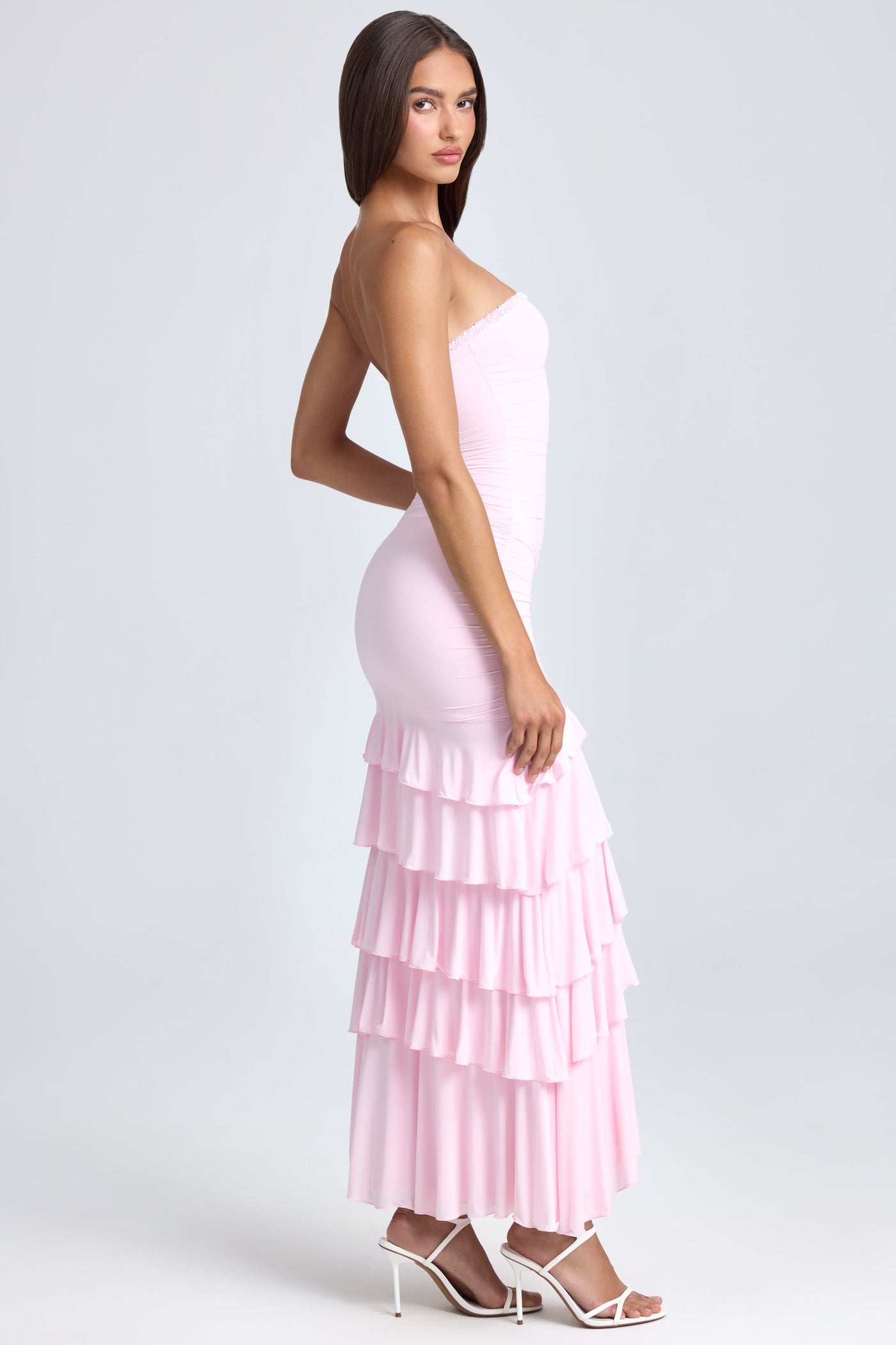 Bandeau Ruched Ruffle-Trim Maxi Dress in Blush