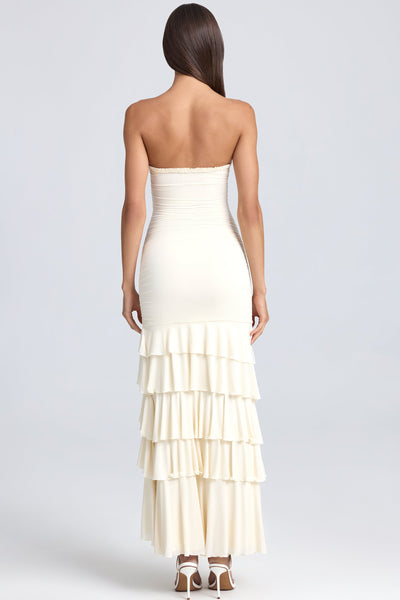 Bandeau Ruched Ruffle-Trim Maxi Dress in Ivory